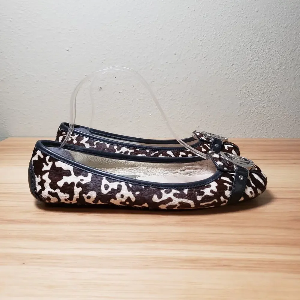 Michael Kors Women's 7 Calfhair Ballet Logo Flats Brown‎ Tan Cow Print Western